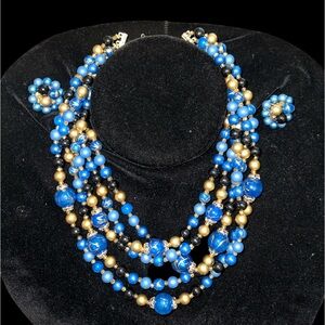 Vintage Signed Japan 5 Strand Shades Of Blue Beaded Costume Necklace W/earrings